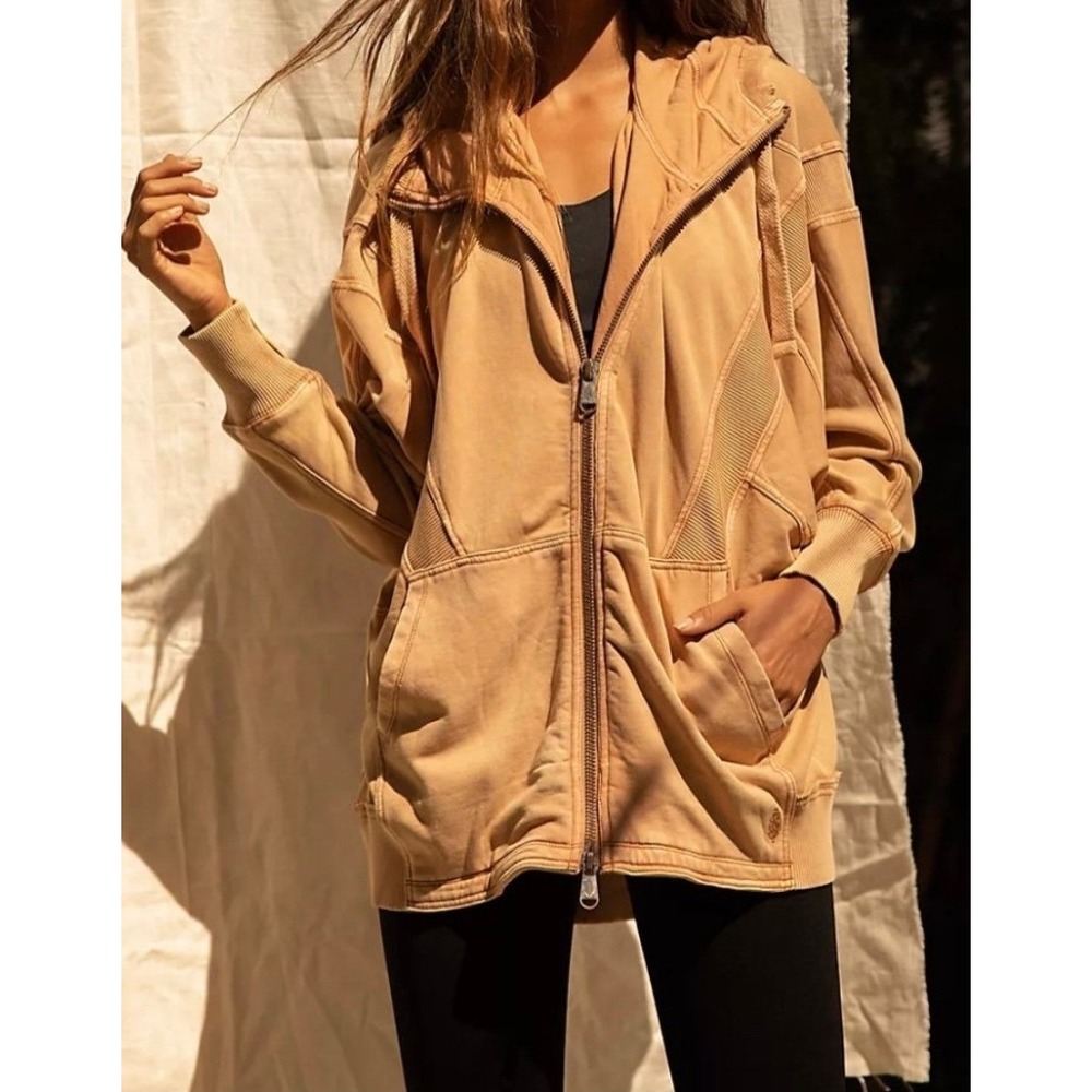 Free People Movement All Your Love Zip Boho Hoodie Oversized Tan Sweatshirt S